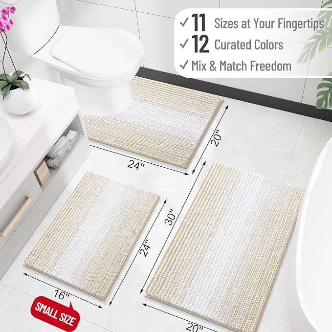 OLANLY Bathroom Runner Rugs 47x20, Soft Chenille Striped Bath Rugs, Beige | Extra Absorbent, Rubber Backing, Machine Wash Dry, Bath Mats for Bathroom Floor, Tub and Shower, Home Decor Accessories