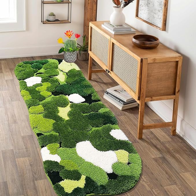 Hifuwan Cute Green Moss Bathroom Runner Rugs 24x60, Plant Leaves Bath Mats | Extra Large, Shaggy, Non Slip, Absorbent,Machine Washable Shower Mats for Kitchen Bedroom Sinks Cottagecore Decor