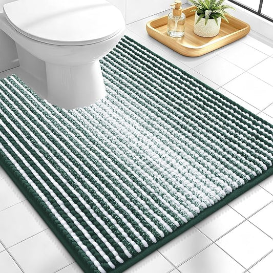 OLANLY Toilet Rugs U-Shaped 24x20, Soft Chenille Bath Mat, Blackish Green | Extra Absorbent, Striped Contour Bathroom Rugs for Toilet, Dry Quickly, Machine Washable, Non-Slip
