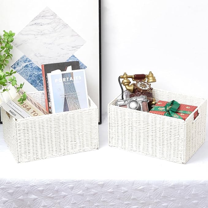 Wicker Storage Basket, Set of 2 Hand-Woven Paper Rope Wicker Basket, Large Storage Baskets for Organizing, Foldable Large Cube Storage Organizer Bins for Shelves (White)