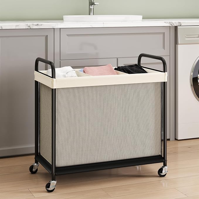 ELYKEN Laundry Hamper 3 Section, 120L Rolling Laundry Sorter with Wheels | Removable Washable Liner Bags, Sturdy Steel Frame and Metal Handle, 3 Compartment Clothes Organizer for Laundry Sorting