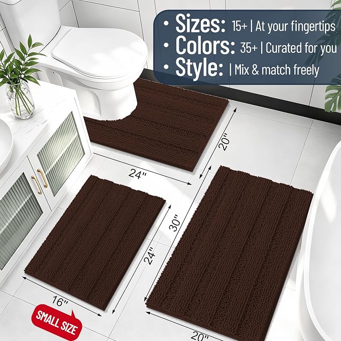 Smiry Thick Chenille Bathroom Runner Rugs 44x24, Absorbent Bath Mat, Brown | Quick‑Dry & Machine Washable, Non‑Slip Bath Carpet, Soft Striped Bath Rugs for Tub & Shower, Modern Home Decor Accessories