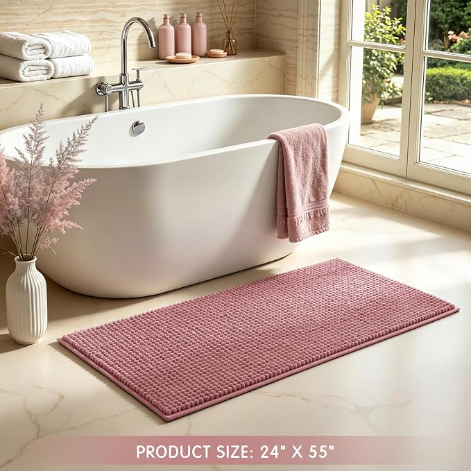 SUBRTEX Bathroom Rugs, 24" x 55" Chenille Bath Rug Soft Short Plush Bath Mat Soft Shower Mat Water Absorbent Shower Mat Quick Dry Machine Washable, Pink