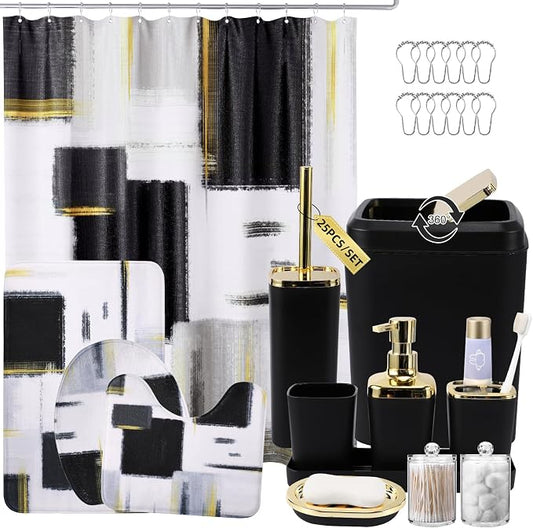 XLHOMO Bathroom Set - Black Bathroom Accessories Set, Bathroom Sets with Shower Curtain and Rugs, Black Shower Curtain Set with Bathroom Trash Can, Soap Dispenser, Soap Dish for Home Decor