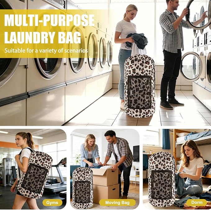 Olosar Laundry Bag Backpack, 2PCS Extra Large Travel Laundry Bag with Mesh Pocket & Adjustable Shoulder Straps,Dirty Clothes Travel Bag for College Students Dorm,Apartment(Leopard Print)