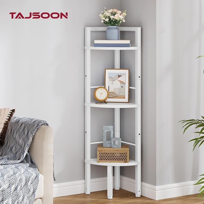 Small Corner Shelf Stand 3 Tier 39.5" with Metal Frame, White | Industrial Narrow Corner Shelf, Multipurpose Tall Corner Bookshelf, Corner Shelves for Bedroom, Living Room, Office, Kitchen