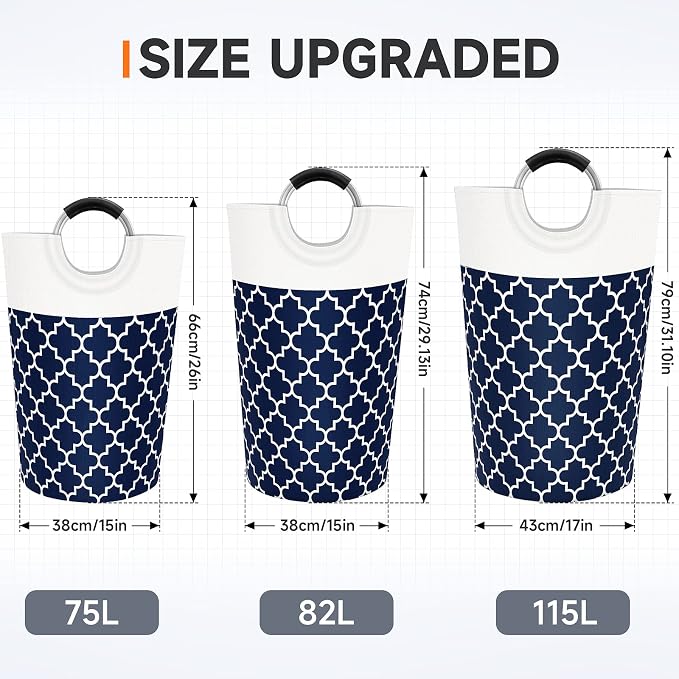 Large Laundry Basket Laundry Hamper Bag Washing Bin Clothes Bag Collapsible Tall with Handles Waterproof Travel Bathroom College Essentials Storage for College Dorm, Family (Blue) 115L | Freestanding Laundry Hamper, Waterproof Dirty Clothes Storage Bag...