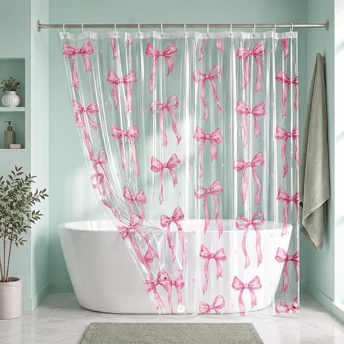 Clear Shower Curtain Liner, Pink Bow Preppy PEVA, 72x72 Inch | Cute Girly Waterproof Bath Plastic Shower Curtains Set with 3 Weighted Magnets and 12 Hooks for Bathroom Decor