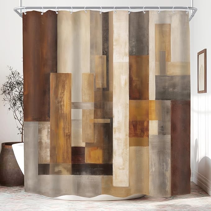 Abstract Brown Rustic Tan Block Rust Wood Bathroom Shower Curtain Set | 72Wx72H Geometric Farmhouse design, waterproof HD print with fast-drying fabric and 12 hooks.