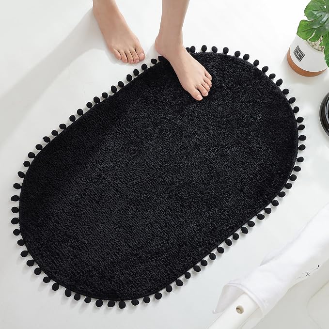 YIRDDEO Oval Rug for Bathroom, Cute Boho Bath Mat with Pom, Black | Soft Plush, Absorbent, Quick Dry, Machine Washable, Non Slip Bath Mat for Bathroom Shower Floor Home Decor