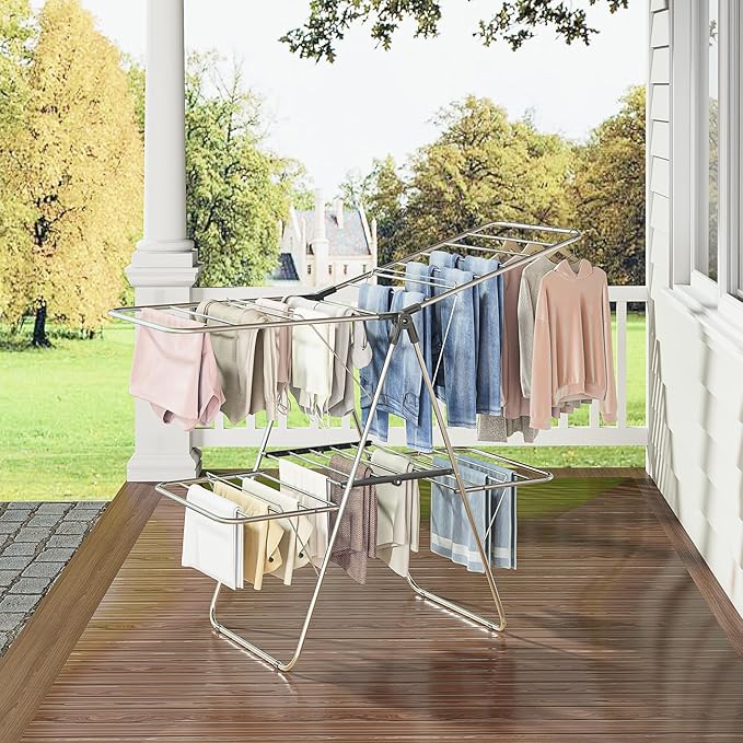 Large Stainless Steel Clothes Drying Rack, Generous Drying Area | Foldable 2-Level Drying Rack Clothing, Free-Standing Laundry Airer, with Height-Adjustable 4 Wings, Matte Black