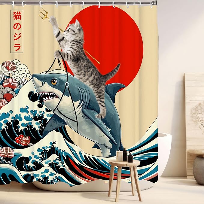 Funny Japanese Cat Shower Curtain, Vintage Cat Riding Shark Japan Anime Sunset Wave Waterproof Shower Curtain with Hooks, Animal Fabric Shower Curtains Bathroom Decor 72X72inches