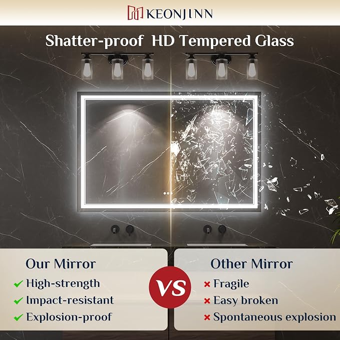 Keonjinn 32 x 36 Inch LED Bathroom Mirror with Lights, Frontlit & Backlit | Bluetooth Speaker, Bluetooth Mirror Bathroom, Stepless Dimmable 3-Color Lights, Tempered Glass, Fast & Safe Defogging, CRI90+