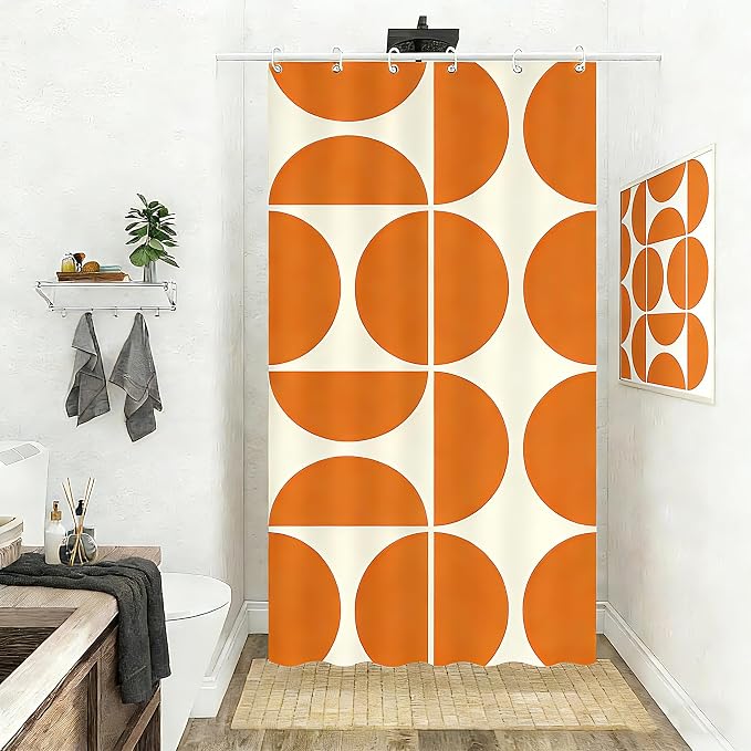 Orange Mid Century Modern Shower Curtain, Boho Abstract Geometric Retro Art Bath Curtains For Bathroom, Colorful Unique Pattern Waterproof Polyester Fabric Bathroom Accessories Set 12 Hooks 36X72IN