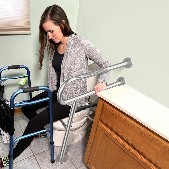 32 Inch Toilet Support Rail, Munzong Satin Brushed Nickel Handicap Grab Bar | Anti-Slip Stainless Steel Knurled Safety handrails with Leg for Bathroom Elderly Disabled Pregnant-1.25’Tube