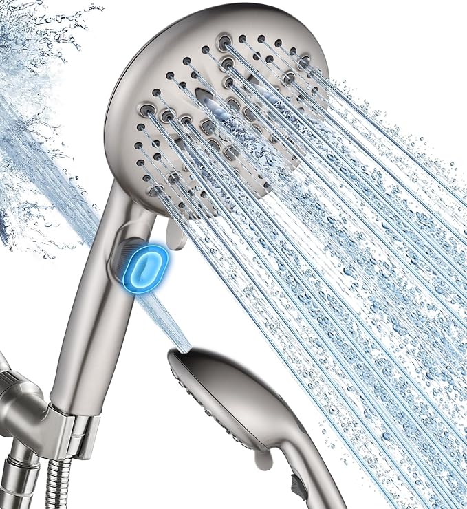 Cobbe 9 Spray Modes Handheld Shower Head, Water-Saving, Brushed Nickel | Power Rinse, 1-Click Pause & Flow Control, 6ft Stainless Steel Hose, Adjustable Brass Bracket