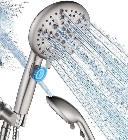 Cobbe 9 Spray Modes Handheld Shower Head, Water-Saving, Brushed Nickel | Power Rinse, 1-Click Pause & Flow Control, 6ft Stainless Steel Hose, Adjustable Brass Bracket