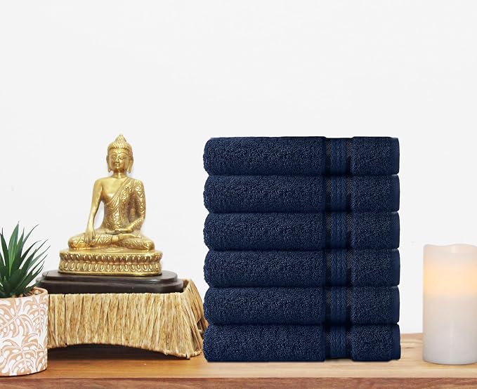 COTTON CRAFT Ultra Soft Hand Towels - 6 Pack 100% Ringspun Cotton Towel Set | Large 16x28 inch Navy Hand Towels with a Luxurious Rayon Border - Plush Absorbent 580 GSM Easy Care - Ideal for Everyday use