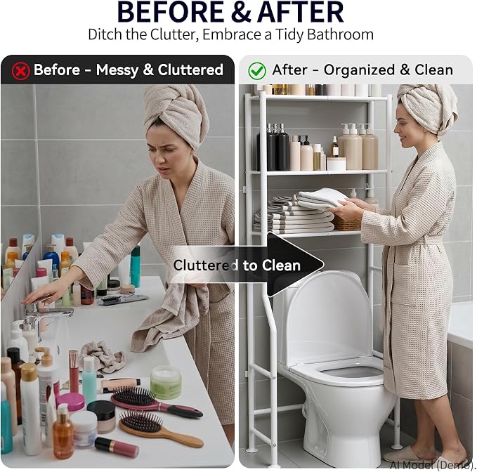 3-Tier Over The Toilet Storage, Freestanding Metal Bathroom Shelves, Space Saver Above The Over Toilet Storage Shelf for Bathroom (White)