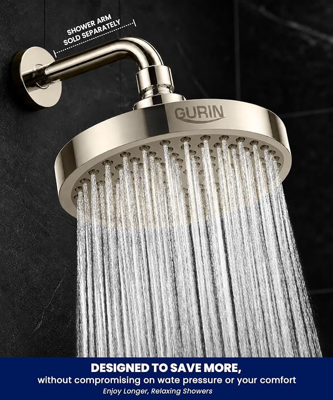 Shower Head - Luxury Brushed Nickel Finish - Rain Showerhead 6 Inch | High Pressure Shower Heads with Adjustable Angles, 90 Anti-Clog Nozzles, Tool-Free 1-Min Install