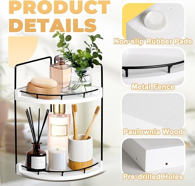 2 Tier Bathroom Counter Organizer, Bathroom Counter Tray and Vanity Organizer, Wood Corner Countertop for Kitchen, Dresser (White)