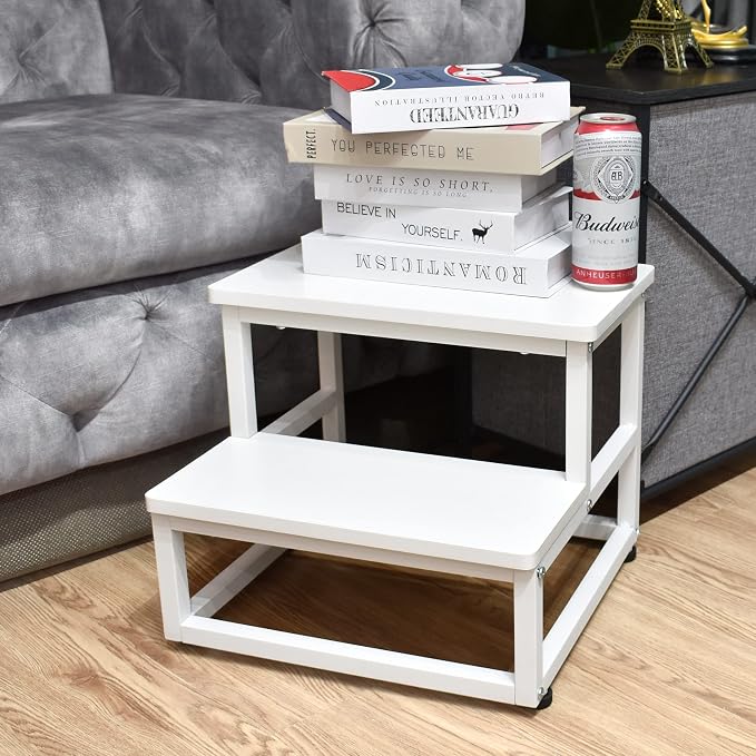 SZLHANJZ Step Stool, Wood & Metal Step Stools for Adults Kids, 500 LB Load | 2 Steps for Adults Kids, Steps for High Beds with Round Corners, Small Stepping Stool for Bedroom Kitchen, White