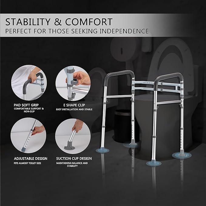 Lianjindun Toilet Safety Rails, 350 lbs, Adjustable Height & Width | Fits Most Toilets, Foldable Design, 350 Lbs Capacity, Aluminum Toilet Frame, Toilet Handles for Seniors, Disabled, Handicap