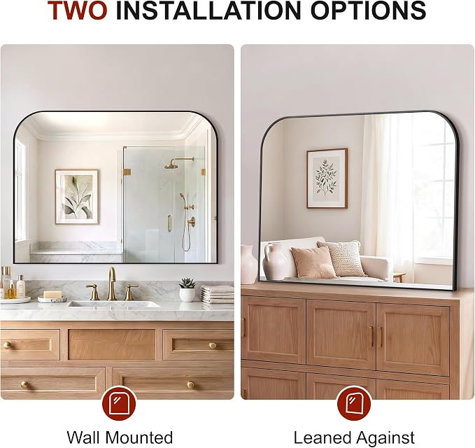 Bathroom Black Vanity Mirror for Over Sink, 30" x 40" | Metal Framed Rounded Corner, Shatterproof Glass, for Bedroom, Living room, Entryway