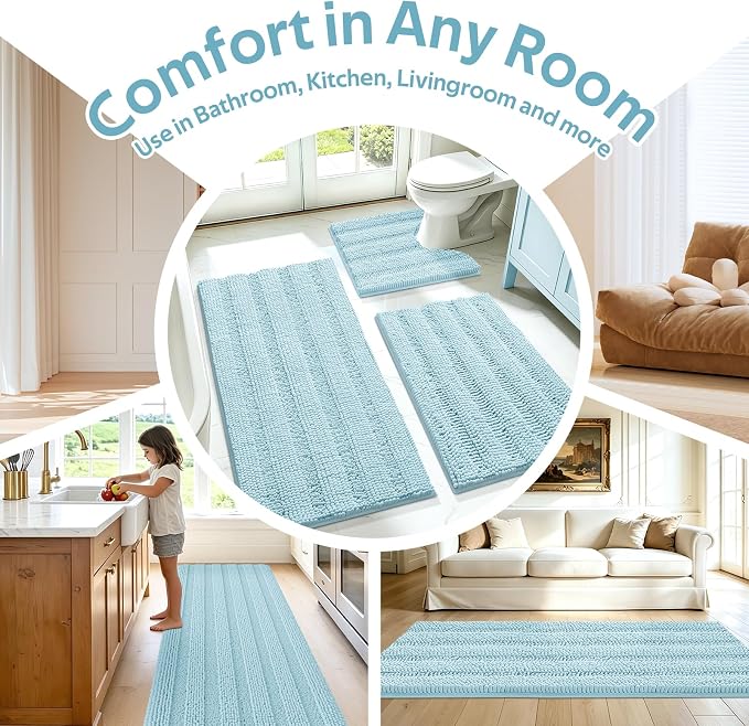 Striped Spa Blue Bathroom Rug Set 3 Pieces Ultra Soft, Non Slip Chenille Bath Carpet, Absorbent Plush Shaggy Bath Mats for Bathroom, Toilet, Bedroom, Kitchen