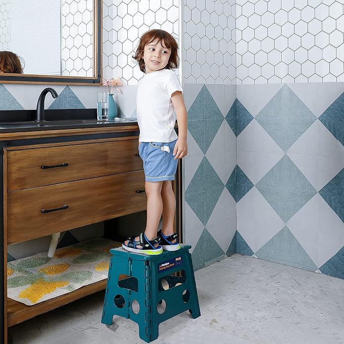 Flottian 13" Folding Step Stool for Adults and Kids Holds Up to 300 lbs,Non-Slip Folding Stools with Handle, Compact Plastic Foldable Step Stool for Bathroom,Bedroom, Kitchen Turquoise Green,1PC