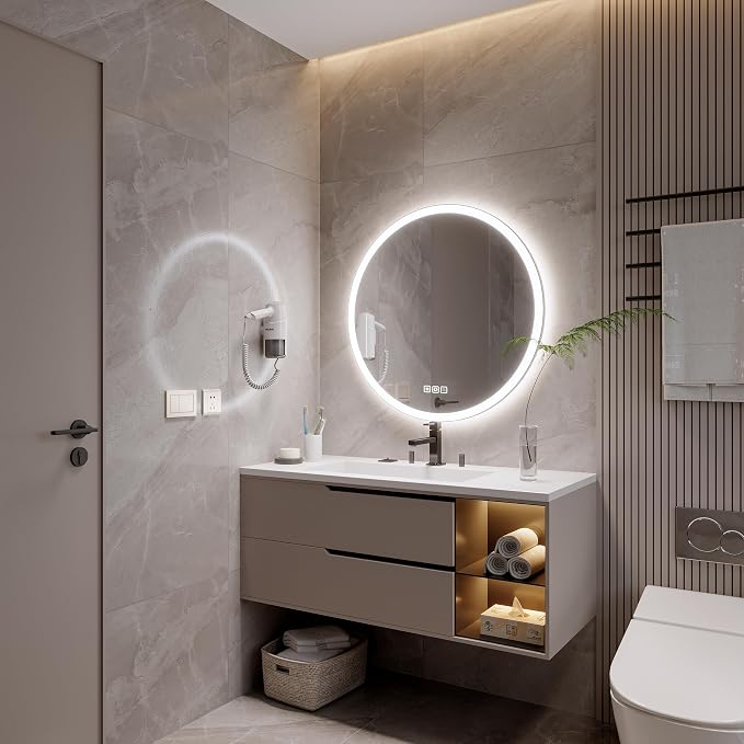 20inches Round LED Mirror,samrt Mirror Bathroom,Wall Bathroom Mirror with Light,Anti- Fog,3 Colors Dimmable,Front and Backlit,CRI90+,Touch Button