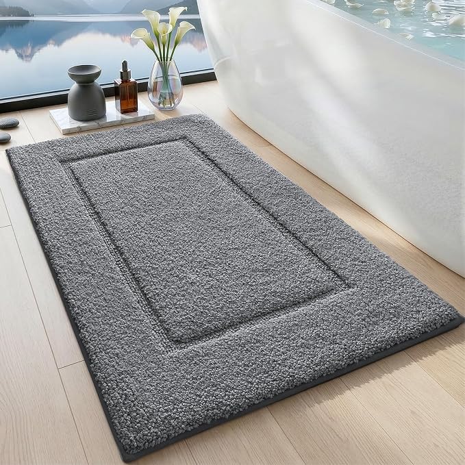 DEXI Bath Mat 24x16, Absorbent and Non Slip Bathroom Rugs, Grey | Soft Plush Microfiber Bathmat, Machine Washable & Quick Dry, Rubber Back Small Rug for Shower, Tub, Sink