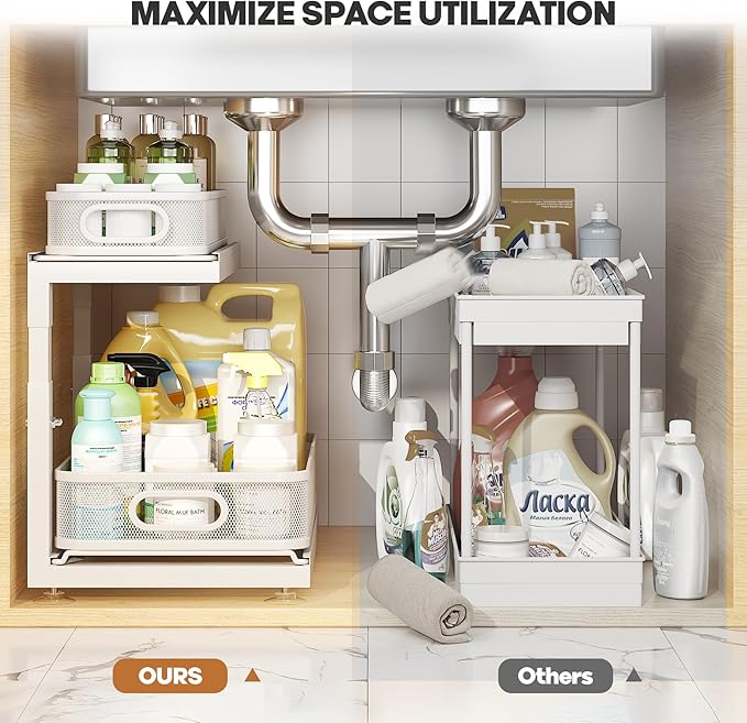 2-Pack Under Sink Storage Organizer with 2-Tier Slide Out Drawer, Sophisticated Mesh Pull Out Shelf for Kitchen & Bathroom, Fits Small Items, Upgraded Arched Track for Smooth Gliding(Patented)