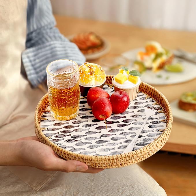 Round Rattan Tray with Mother of Pearl Inlay, Rattan Serving Tray for Coffee, Bread, Fruits, Decorative Wicker Tray for Table Decor, Home Decor, Kitchen Island Decor (Black Fish, 11.8")