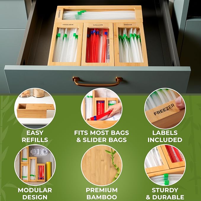 Bamboo Storage Bag Organizer for Drawer, 4 Blocks – Plastic Bag Organizer | Modular Kitchen Organization, Quick Refill – Fits Gallon, Quart, Sandwich & Snack Size Bags