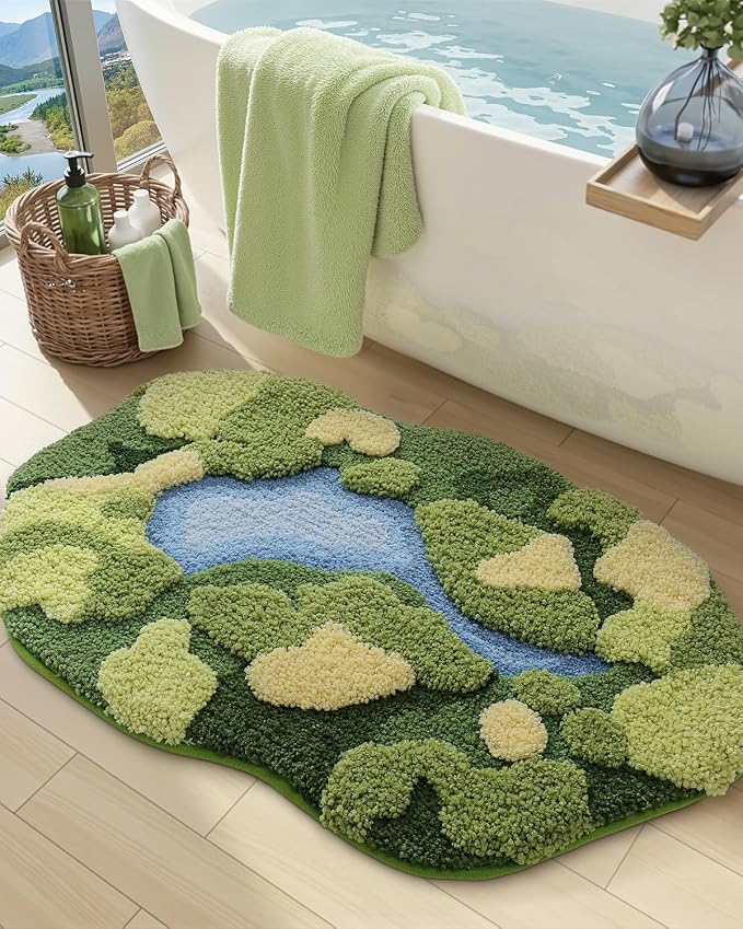 DEXI Cute Moss Bath Mat, Green Oval Bathroom Rugs, 43x24 | Soft and Absorbent Microfiber, Non Slip, Machine Washable Bathmat for Shower Floor, Bedroom, Kids Room, Home Decor