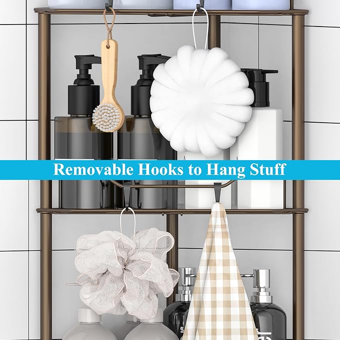 Metal Floor Standing Corner Shower Caddy, Bronze, 4 Tier | Adhesive Bathroom Organizer Shelves, Free Standing Shower Rack with Hooks, Hold Large Shampoo Bottles