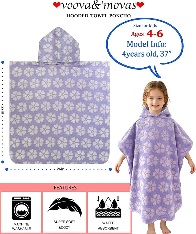 VOOVA & MOVAS Kids Poncho Towel, 4-6 Years, 100% Cotton,Purple Flower | Floral Jacquard Pattern, Soft, Absorbent & Quick Dry, Suitable for Bath, Pool, Swim and Beach