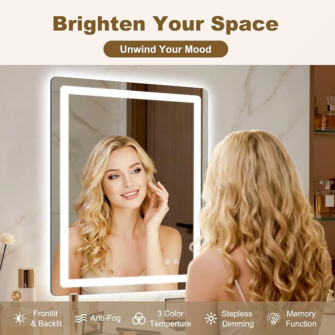 LED Bathroom Mirror with Lights, 2 Pack 32" x 24" Lighted Vanity Mirror | Frontlight+Backlit, 3 Colors Dimmable Brightness, Anti-Fog, Memory Function, Shatterproof Tempered Glass, Horizontal/Vertical