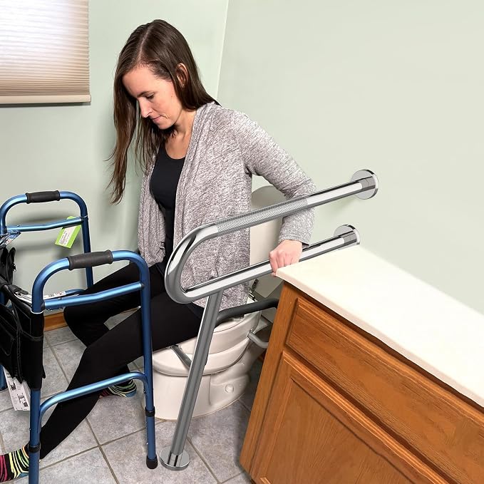Toilet Support Rail 32 Inch, Munzong Anti-Slip Chrome Handicap Floor Rails | Bathroom Stainless Steel Knurled Safety Handrails with Leg for Elderly Disabled Pregnant-1.25’Tube