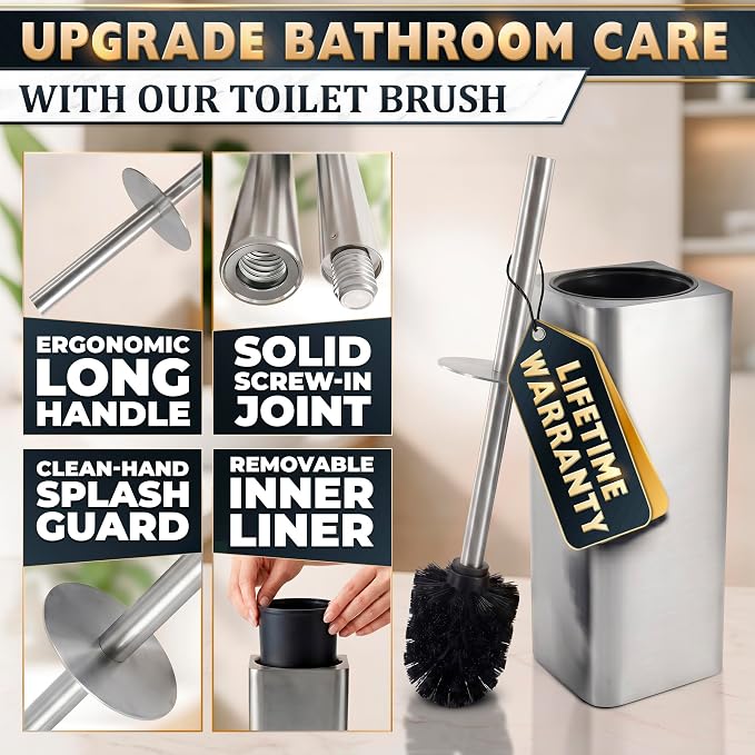 Toilet Brush and Holder Set, Stainless Steel, Replaceable Head (Silver) | Stainless Steel Toilet Bowl Brush and Holder with 2 Rounded Corners, Removable Inner Bowl & Splash Guard Cover