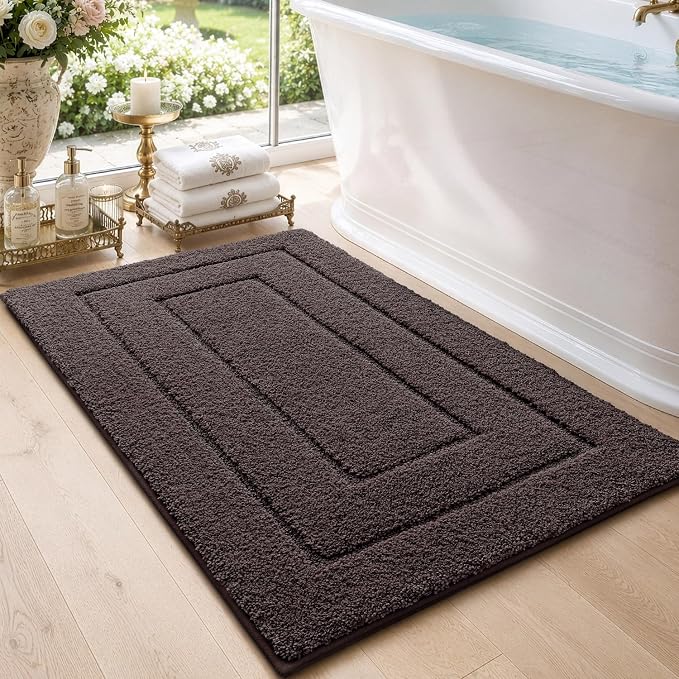 DEXI Bathroom Rugs 43x24, Non-Slip and Absorbent Bath Mat, Brown | Machine Washable, Soft Plush Microfiber Bathmat with Rubber Back, Quick Dry Rug for Shower, Tub, Sink