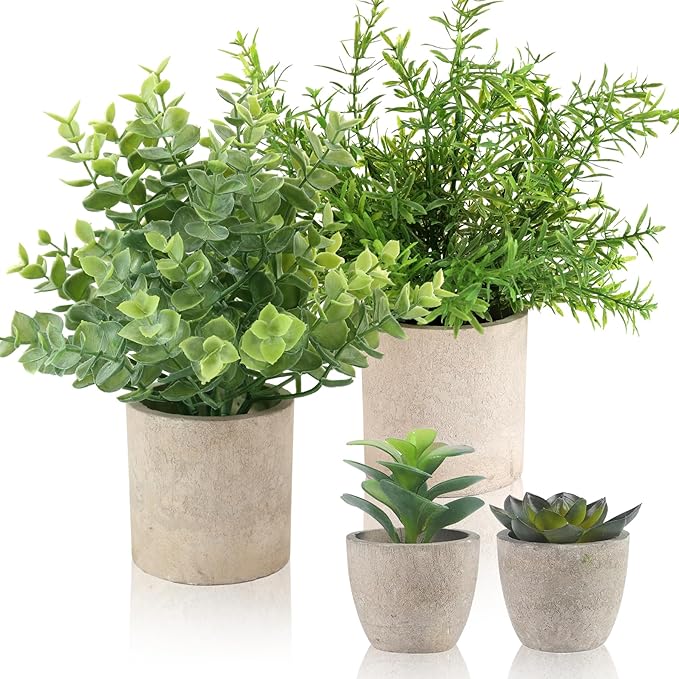 ALAGIRLS 4 Pack Small Fake Plants, 10" Artificial Plants Indoor | Eucalyptus/Rosemary/Succulents, Fake Plants for Farmhouse，Bathroom，Bedroom，Kitchen，Office Living Room Decor