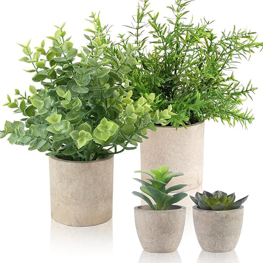 ALAGIRLS 4 Pack Small Fake Plants, 10" Artificial Plants Indoor | Eucalyptus/Rosemary/Succulents, Fake Plants for Farmhouse，Bathroom，Bedroom，Kitchen，Office Living Room Decor