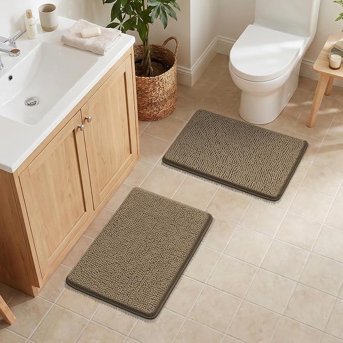 Bcoimo Bath Rugs Mat Set,2 Piece Non Slip Chenille Latte Bathroom Mat Sets | Extra Soft 24x17 Bathroom Rug;Non Slip with Rubber Back Bath Mat;High Absorbent And Quick Dry Microfiber mat;Machine Washable
