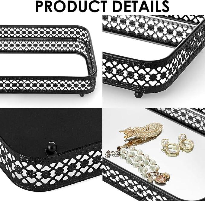 ELLDOO Black Mirror Glass Perfume & Makeup Vanity Tray, Medium Size | Hollow-Carved Jewelry Storage, Metal Trinket Organizer for Dresser Bathroom Countertop Home Decor