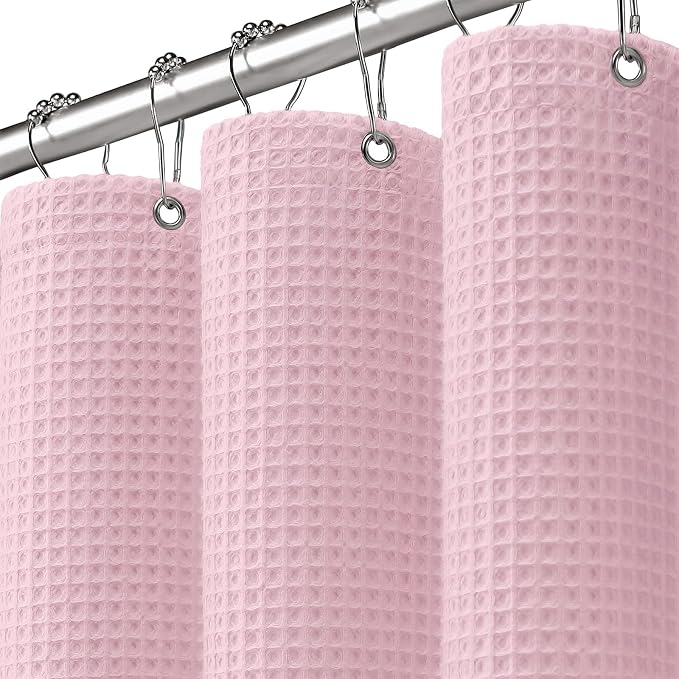 Waffle Weave Shower Curtain Heavyweight Cotton Fabric Light Pink 72Wx72L | Soft Cotton Cloth,3D Square Truely Waffle Washable, Hotel Luxury Spa, Shower Curtain Set for Bathroom 12 Plastic Hooks
