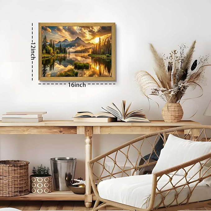 Framed Canvas Wall Art 12x16 Inch, Vintage Landscape Wall Art Decor, Countryside Farmhouse Sunset Landscape Wall Decor, Retro Mountain Vintage Painting Prints for Living Room Bedroom Home Bathroom Decor