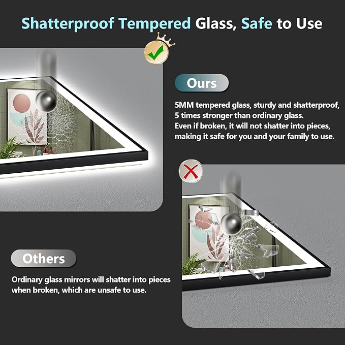 40x36 Black LED Bathroom Mirror, Backlit & Front Lit Lighted Mirror | Metal Framed Anti-Fog Vanity Mirror with Lights, 3 Color Dimmable, Memory, Tempered Glass, CRI95, IP54, Horizontal/Vertical