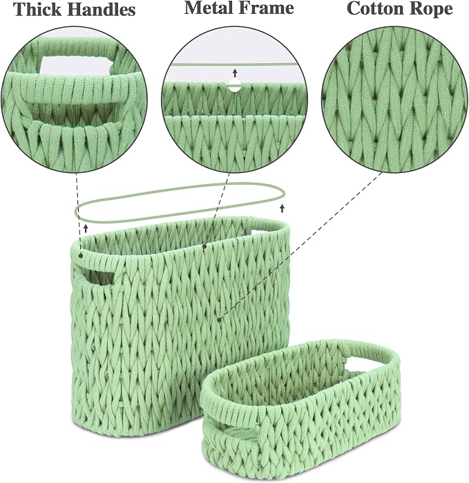 Boho Toilet Paper Storage Baskets, Cotton Rope Woven Bathroom Basket Set of 2, Standing Toilet Paper Holder for 6 Mega Rolls,Storage Bins for Toilet Tank Top, Bathroom Organizer Decor (Green 2 Pack)